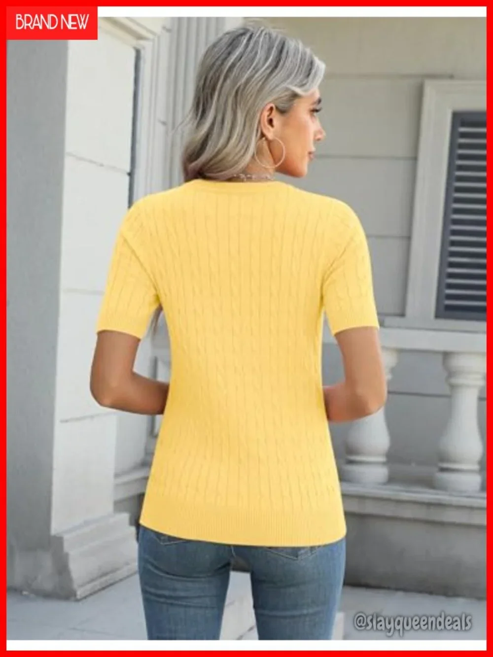 Short Sleeve Cable Knit Crewneck Sweater Top, Soft Lightweight Knit for Office